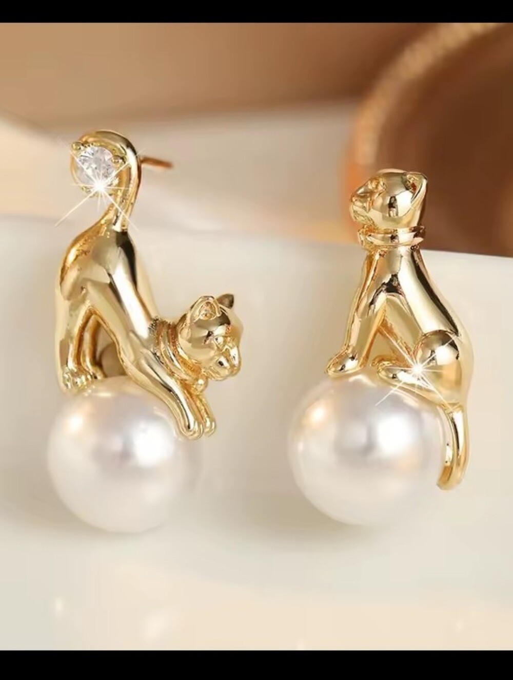 Gold Cat Pearl Earrings Women's Jewelry New Jewelry G34